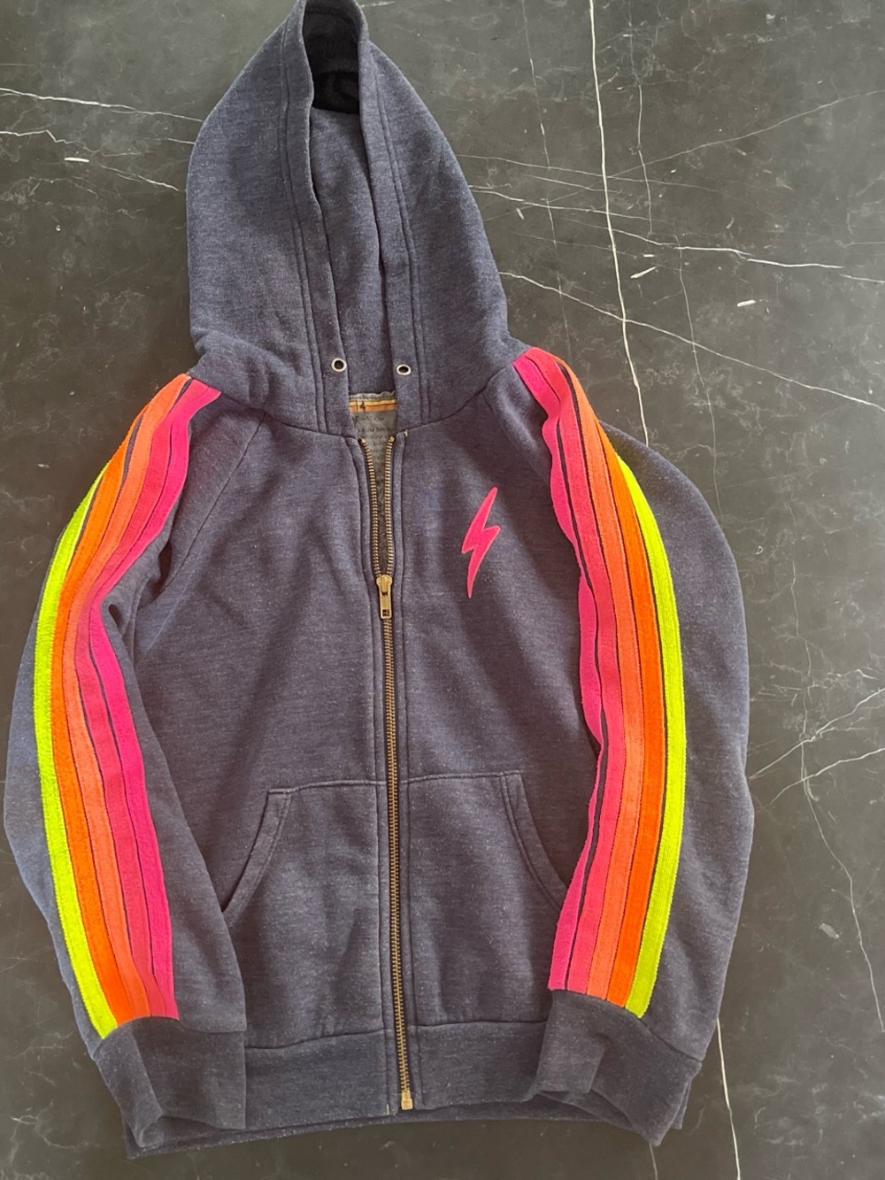 Aviator Nation Navy Zip Hoodie with Neon Rainbow Sleeve Stripes